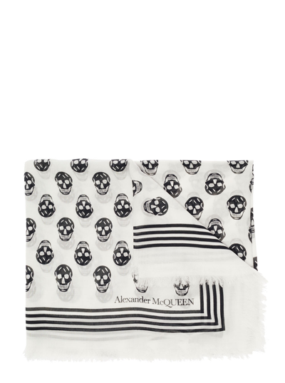 Alexander Mcqueen Womans Biker Skull White And Black Modal Scarf