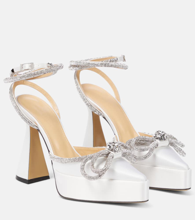 Mach & Mach Double Bow Crystal-embellished Satin Platform Pumps In White