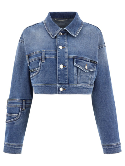 Dolce & Gabbana Denim Patchwork Cropped Jacket With Metal Plaque In Blue