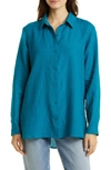 Eileen Fisher Side-slit Button-down Linen Shirt In Jewel