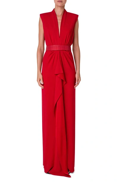 Akris Belted Crepe Gown With Ruffle Front Detail In Red