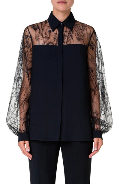 Akris Mixed Media Embroidered Silk Blouse In Black