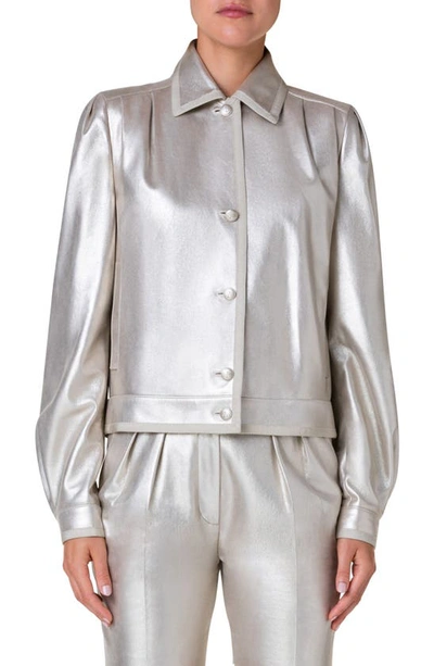 Akris Monica Pearlescent Leather Short Jacket In Greige