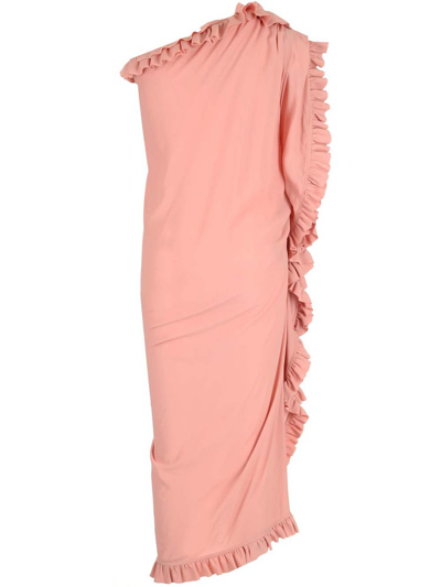 Dries Van Noten Dinas Ruched One-shoulder Midi Dress With Ruffle Trim In Pink