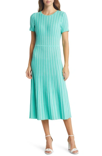 Ming Wang Stripe A-line Midi Jumper Dress In Seaspray/ White