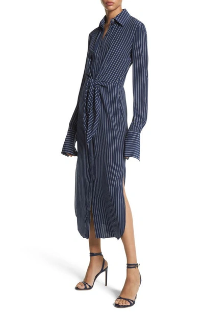 Michael Kors Tie-detailed Striped Organic Silk-crepe Midi Shirt Dress In Navyop Wh