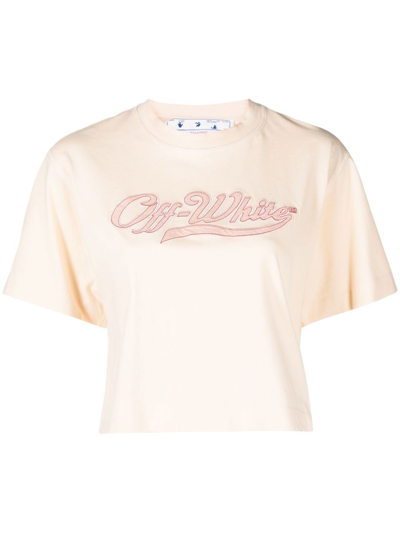 Off-white Logo-embroidered Cropped T-shirt In Neutrals