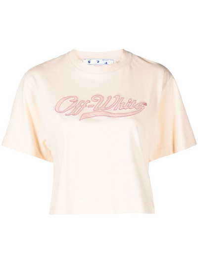Off-white Logo-embroidered Cropped T-shirt In Beige