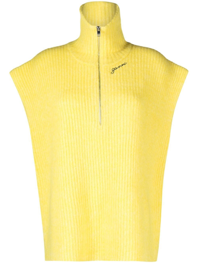 Ganni Ribbed-knit Mock-neck Top In Yellow