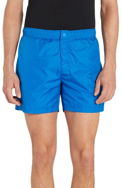 Moncler Contrast Logo Patch Swim Trunks In Bright Blue