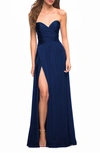 La Femme Strapless Jersey Gown In Navy
