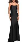 La Femme Sleeveless Jersey Gown With Train In Black