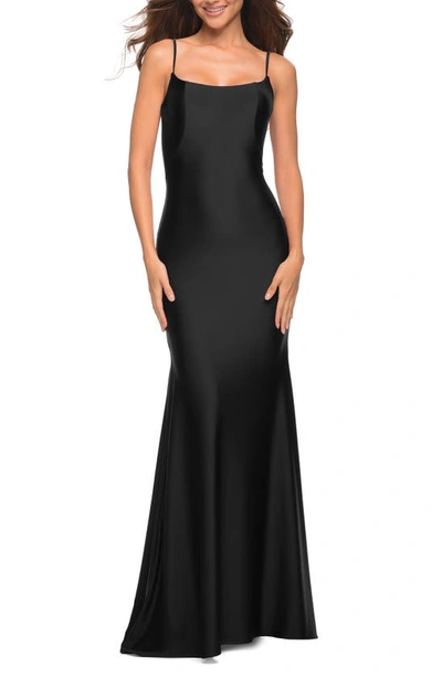 La Femme Sleeveless Jersey Gown With Train In Black