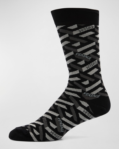 Versace Athletic Jacquard Monogram-pattern Socks In Greyblack