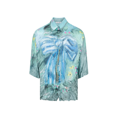 Acne Studios Sandroki Printed Crinkled-satin Shirt In Sage Green,light Blue