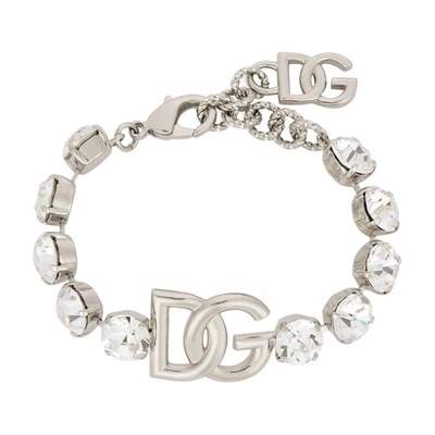 Dolce & Gabbana Dg Logo Crystal Embellished Bracelet In Silver_palladium