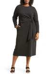 Nordstrom Tie Waist Long Sleeve Midi Dress In Black