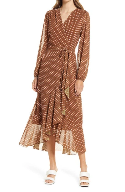 Sam Edelman Polka Dot Wrap Front Long Sleeve Dress In Brown/ White Dot