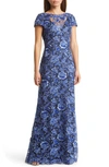 Tadashi Shoji Embroidered Lace Evening Gown In Blue Violet/ Navy