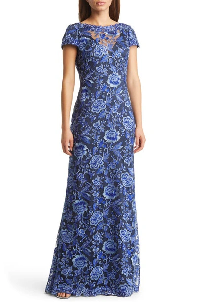 Tadashi Shoji Embroidered Lace Evening Gown In Blue Violet/ Navy