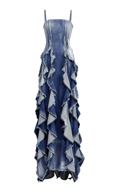 Polo Ralph Lauren Eve Sleeveless Ruffled Denim Evening Gown In Blue |  ModeSens