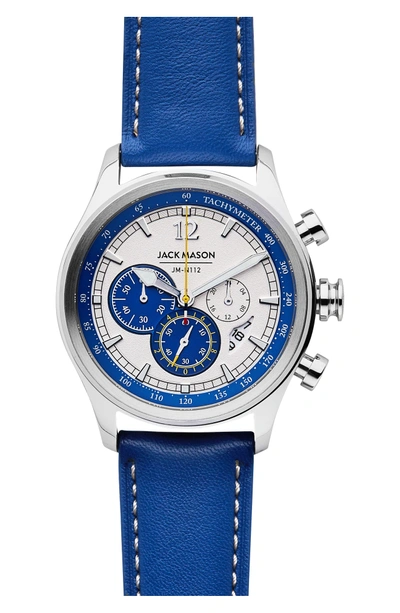 Jack Mason Nautical Chronograph Leather Strap Watch, 42mm In White/ Cobalt Blue