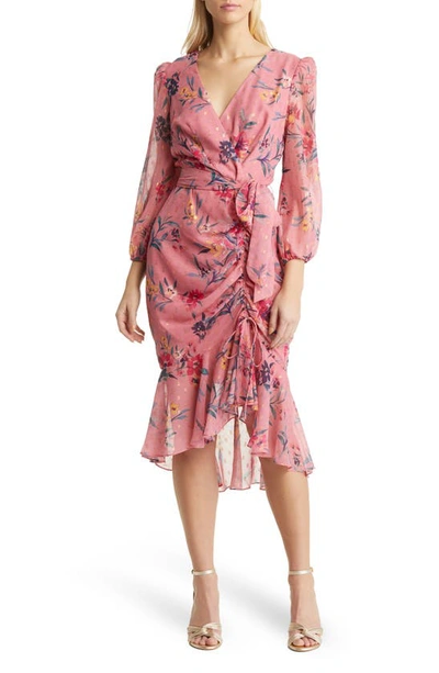 Eliza J Metallic Fleck Floral Long Sleeve Body-con Dress In Blush