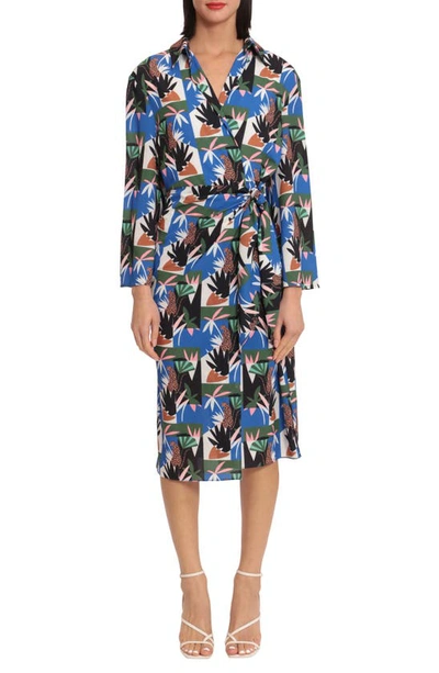 Donna Morgan For Maggy Mixed Print Long Sleeve Wrap Front Midi Dress In Black/ Blue