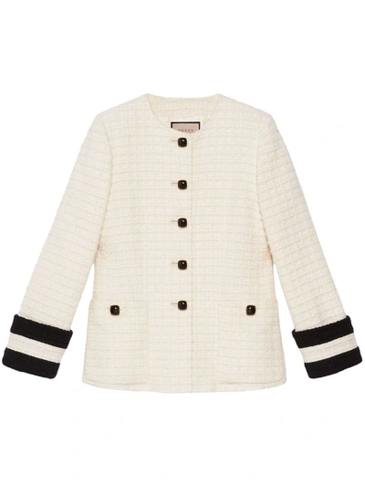 Gucci Tweed Collarless Jacket In White
