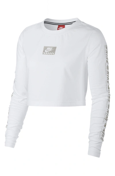 Nike Sportswear Long Sleeve Crop Top In White/ Metallic Silver