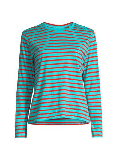 Frances Valentine Striped Pima Cotton Crewneck Top In Turquoise