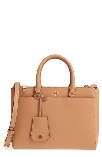 Tory Burch Small Robinson Double-zip Leather Tote - Brown In Cardamom / Royal Navy