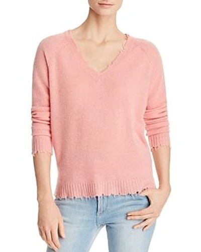 Minnie Rose Distressed Cashmere V-neck Sweater In English Rose