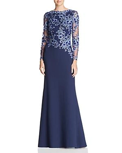 Tadashi Shoji Embroidered-bodice Crepe Gown In Blue Violet/ Navy