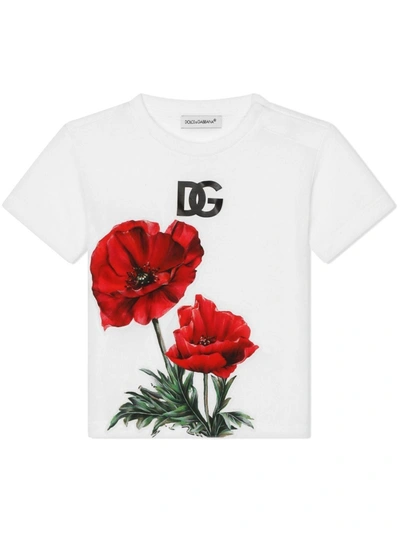 Dolce & Gabbana Babies' Floral Logo-print T-shirt In White