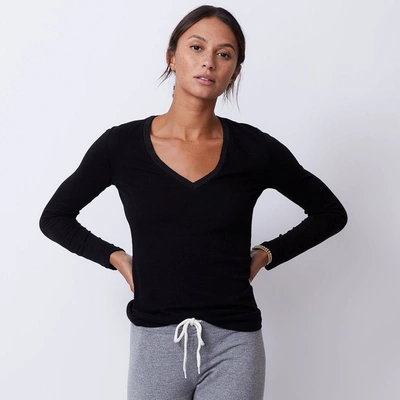Monrow Textured Tri-blend Fitted Long Sleeve V Neck Tee In Black