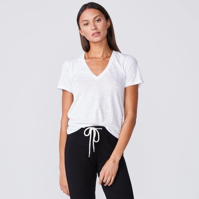 Monrow Textured Tri-blend Fitted V Neck Tee In White