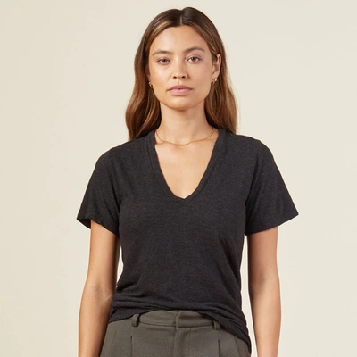 Monrow Textured Tri-blend Fitted V Neck Tee In Black