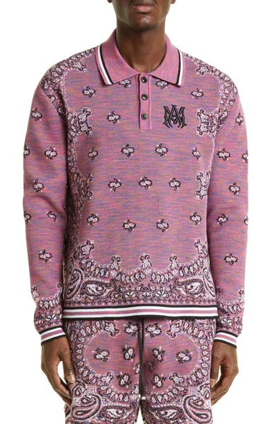 Amiri Space Dye Bandana Pattern Knit Long Sleeve Cotton Polo In Pink
