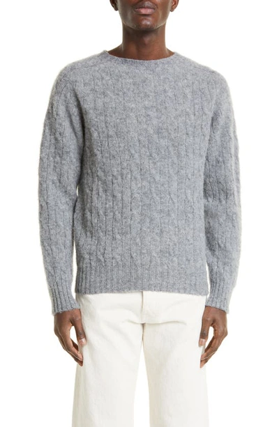 Drake's Shetland Cable Knit Wool Crewneck Sweater In Grey