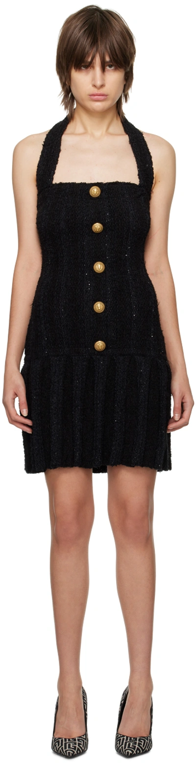 Balmain Embellished Pleated Tweed Halterneck Mini Dress In Pa Noir