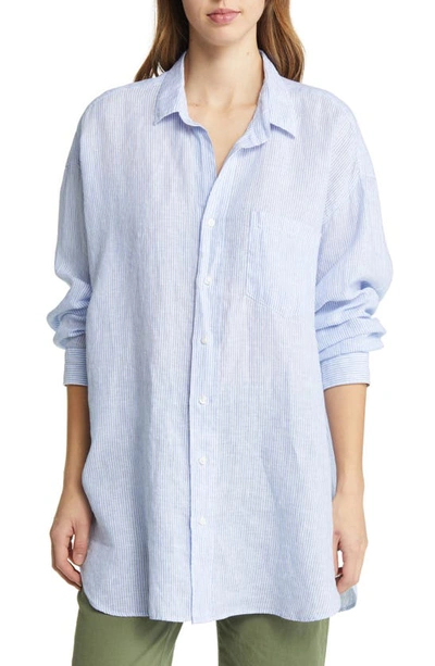 Frank & Eileen Mackenzie Stripe Oversize Linen Button-up Shirt In Blue Stripe Lived In Linen