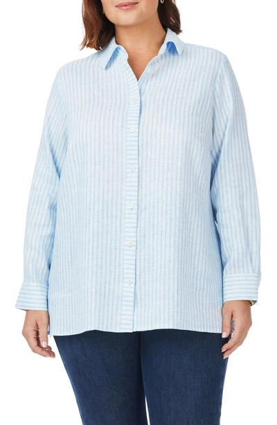 Foxcroft Jordan Stripe Linen Button-up Shirt In Blue Breeze