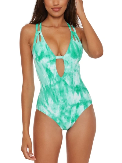 Becca Crystal Plunge Neck One-piece Swimsuit In Blue