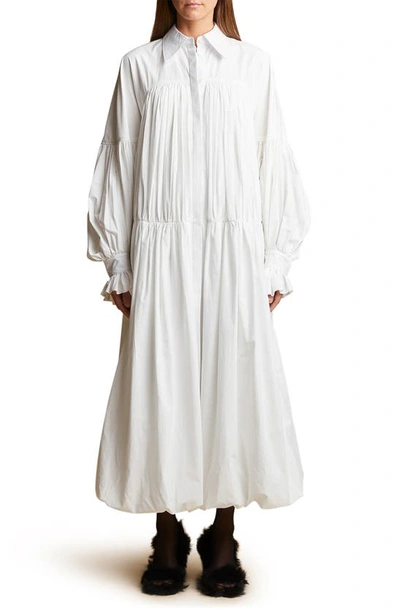 Khaite Colleen Gathered Long Sleeve Drop Waist Cotton Poplin Shirtdress In  White | ModeSens
