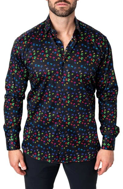 Maceoo Fibonacci Neon Butterflies Cotton Button-up Shirt In Black