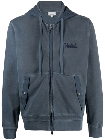 Woolrich Logo Embroidered Zipped Drawstring Hoodie In Melton Blue