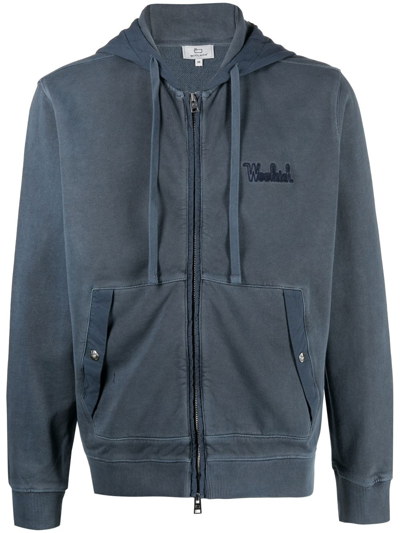 Woolrich Logo Embroidered Zipped Drawstring Hoodie In Blue