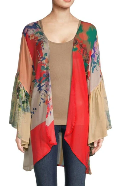 Saachi Mystical Garden Floral Print Bell Sleeve Ruana In Red Multi