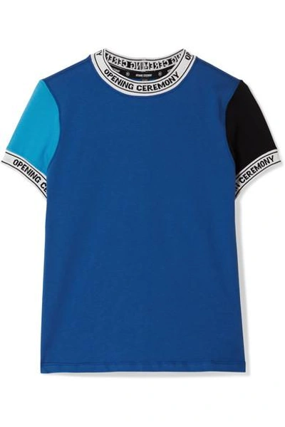 Opening Ceremony Woman Intarsia-trimmed Color-block Cotton-jersey T-shirt Blue In Navy